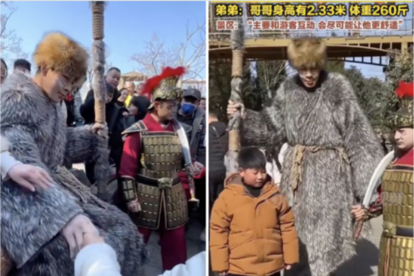 河南萬歲山巨人演員身高2.33米 需拄拐杖走路