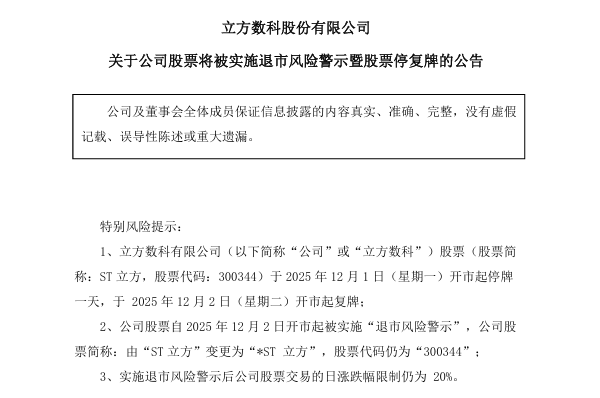 陸企「立方數科」財務造假6.38億 恐退市